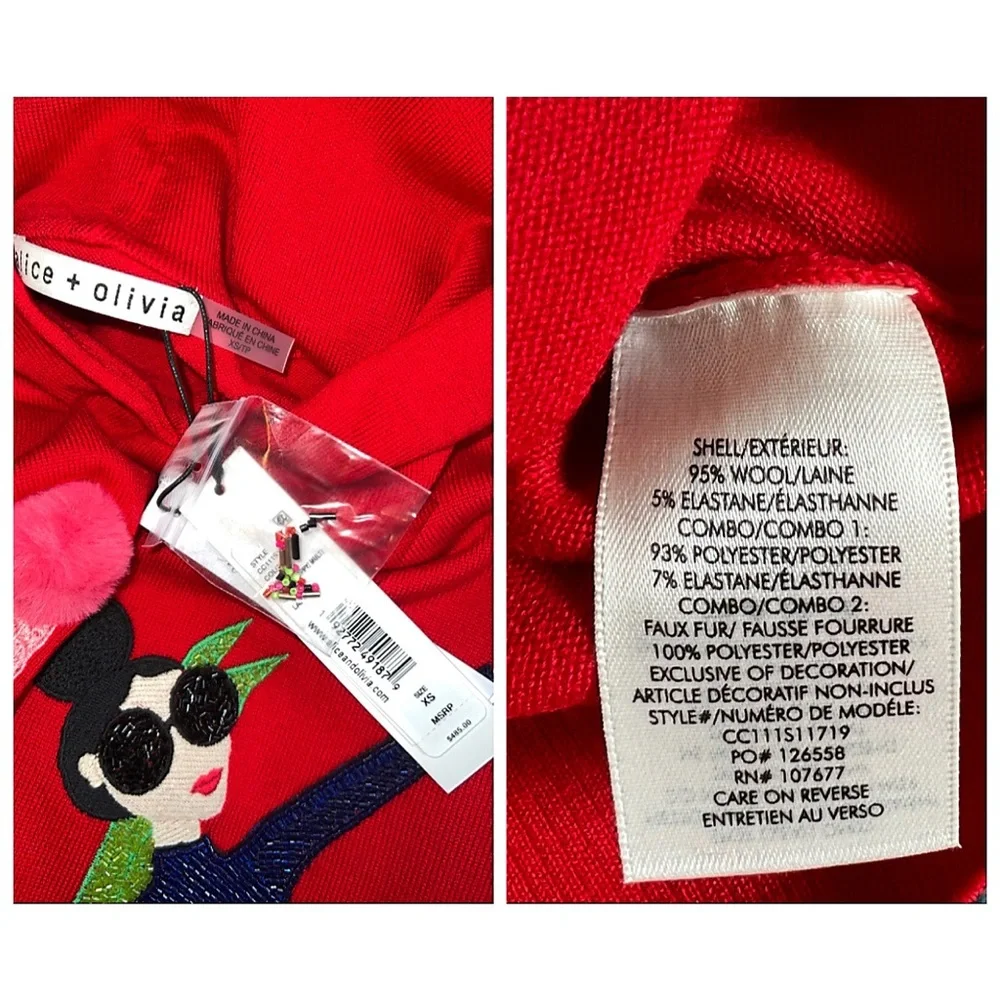 Alice + Olivia Oscar Red Embellished Stace Face Pullover Hoodie Sweater Top